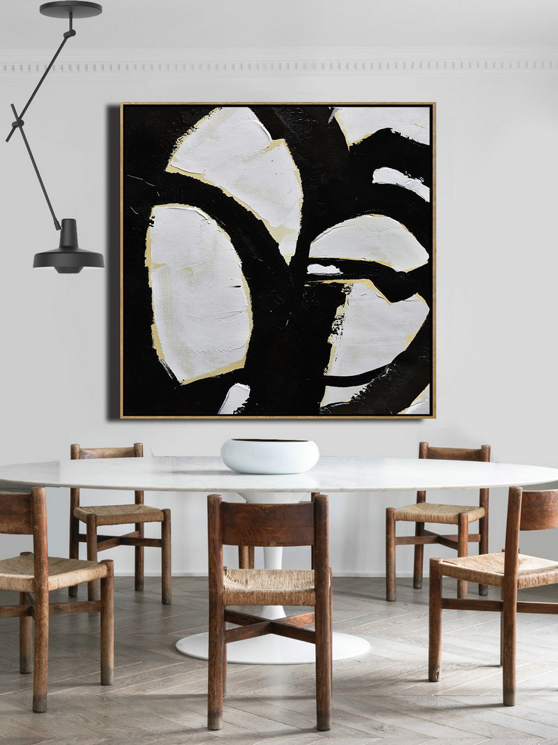 Large Abstract Art,Handmade Minimal Art Palette Knife Canvas Painting, Black White Beige - Big Art Canvas